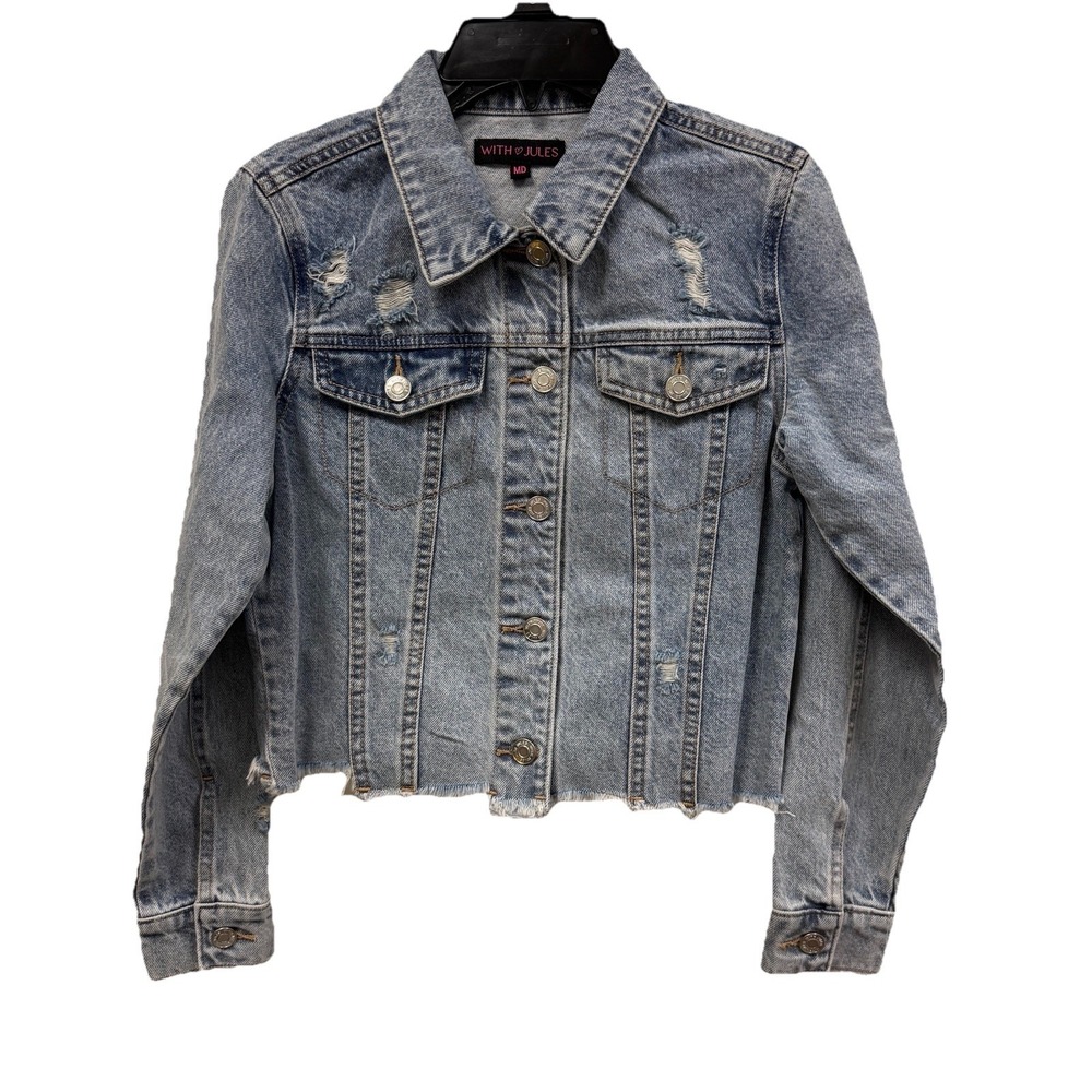 NWT With Jules Distressed Cropped Denim Jacket Girls Size Medium Light Wash